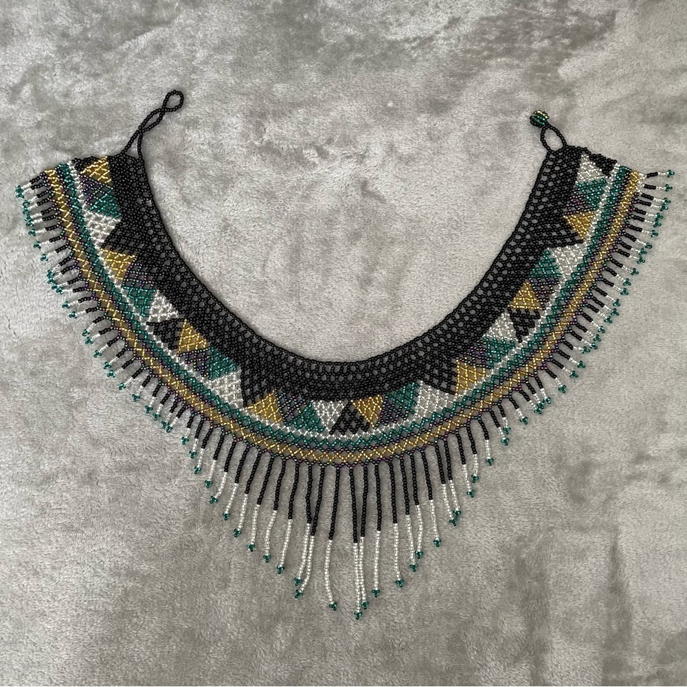 Beaded Fringe Collar Necklace Black Green Gold Statement Choker Bib OS